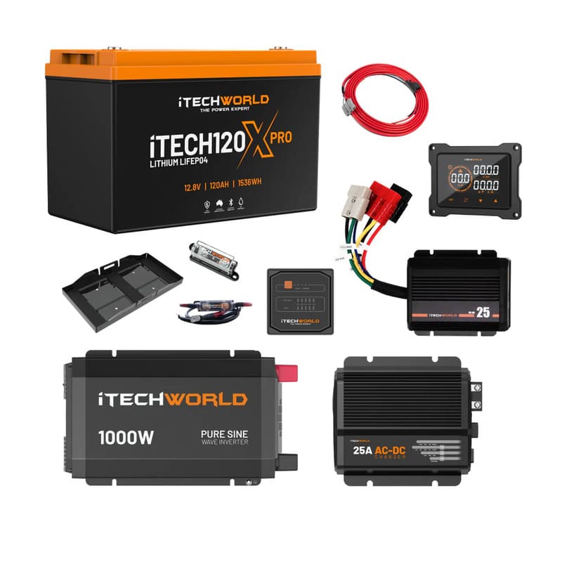 iTechworld Complete Ute Dual Battery Kit 120Ah Lithium - Battery Kit on  white background.