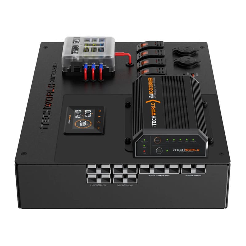 iTechworld Control Hub Kit with 40A DCDC Charger and Lithium Battery - battery kit on a white  background.
