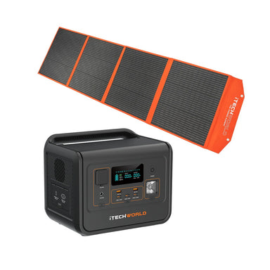 iTechworld Deluxe Solar Generator Kit - PS800 Power Station and 200W Solar Blanket placed on a white background.