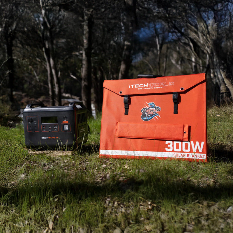 iTechworld Elite Solar Generator Kit - PS2000 Power Station and 300W Solar Blanket on grass.