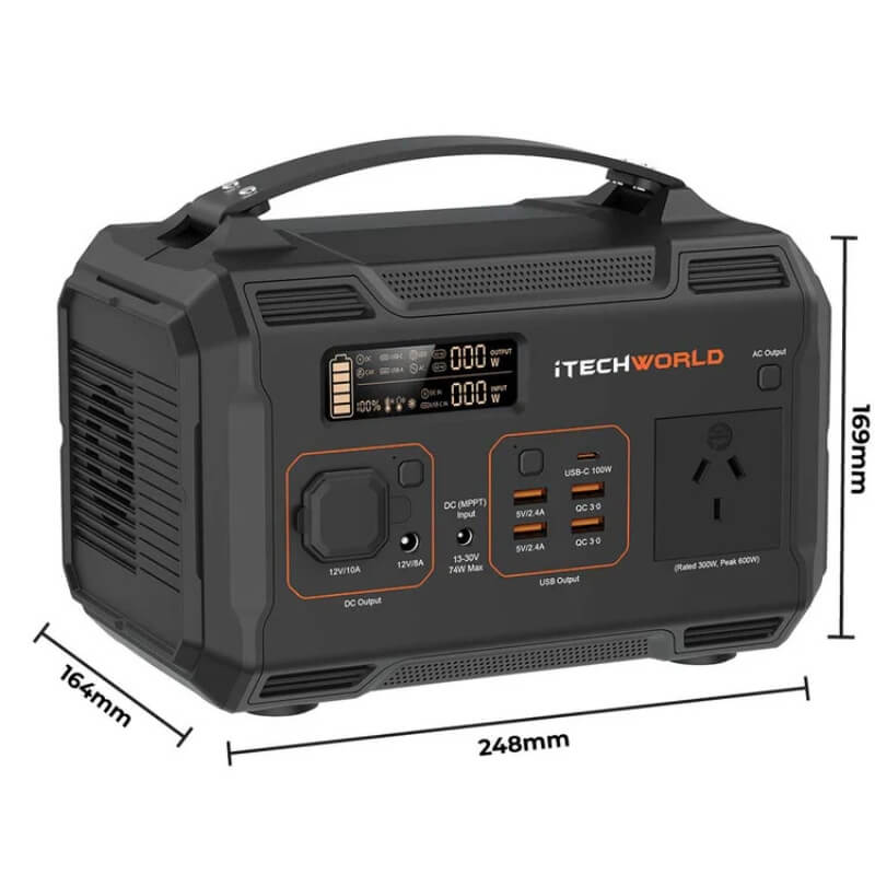 iTechworld Essential Solar Generator Kit - PS300 Power Station dimensions.