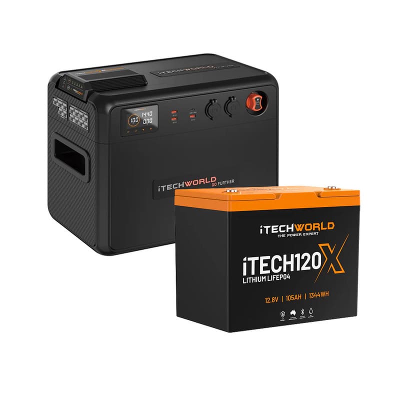 iTechworld Premium GoFurther Battery Box Bundle with iTECHDCDC25 Charger and iTECH120X Lithium Battery - battery kit on a white background.