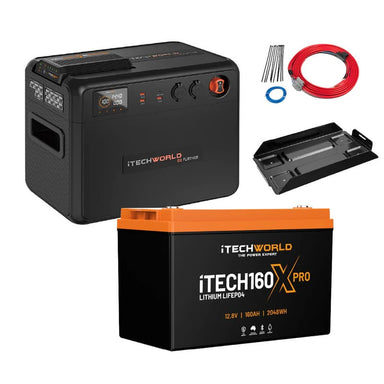 iTechworld Premium GoFurther Dual Battery System with iTECHDCDC40 Battery Charger and iTECH160X PRO Lithium Battery with Bluetooth - battery kit on a white background.