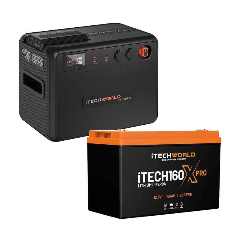 iTechworld Premium GoFurther Dual Battery System with iTECHDCDC40 Battery Charger and iTECH160X PRO Lithium Battery with Bluetooth - battery kit on  a white background.