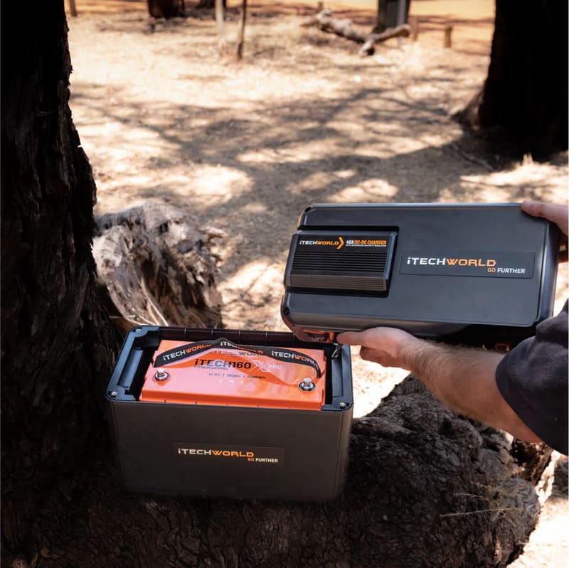 iTechworld Premium GoFurther Dual Battery System with iTECHDCDC40 Battery Charger and iTECH160X PRO Lithium Battery with Bluetooth - battery kit opened up.