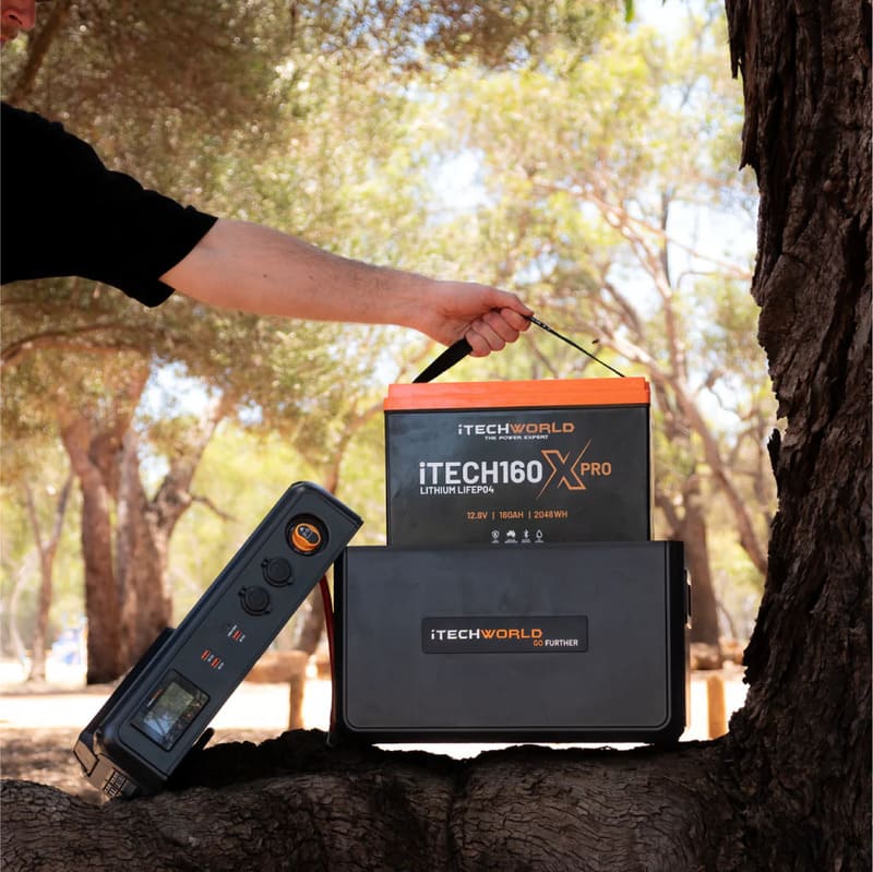 iTechworld Premium GoFurther Dual Battery System with iTECHDCDC40 Battery Charger and iTECH160X PRO Lithium Battery with Bluetooth - opened battery kit showing the battery within.
