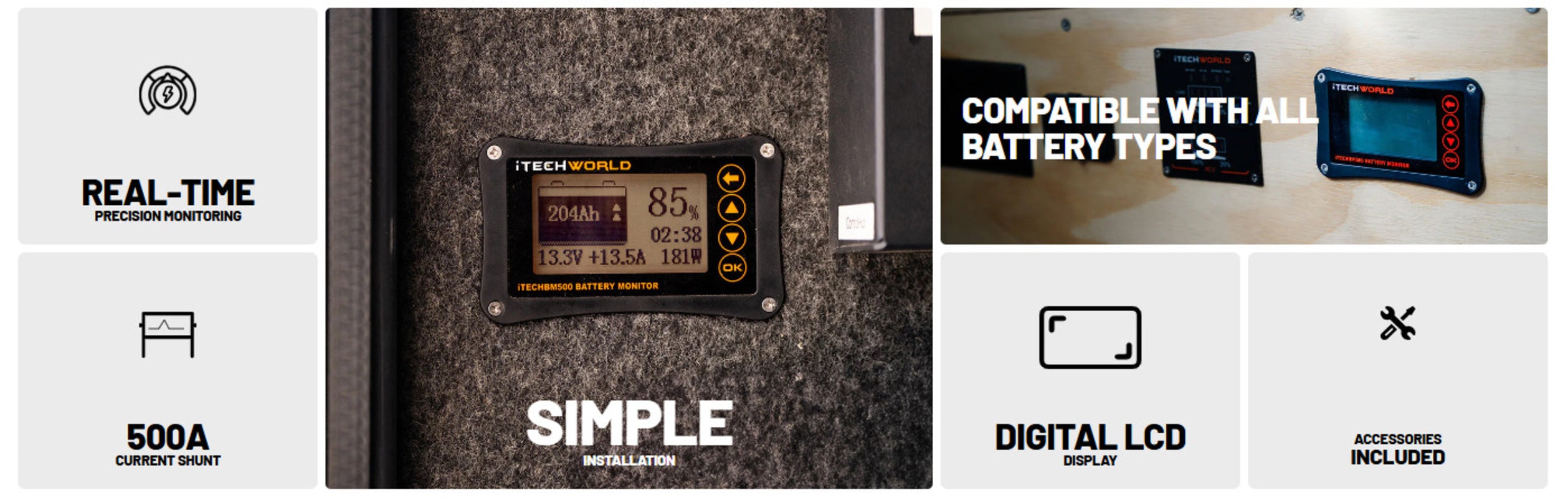 iTechworld Slimline 4WD Dual Battery Kit 100Ah Lithium - iTECHBM500 display features.