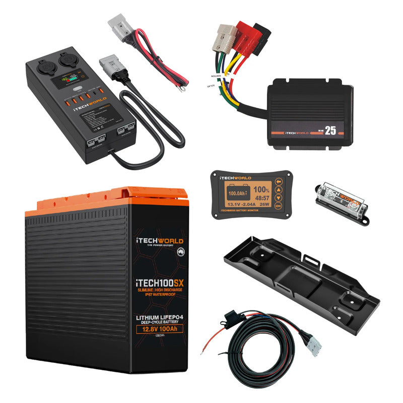iTechworld Slimline 4WD Dual Battery Kit 100Ah Lithium - battery kit on a white background.