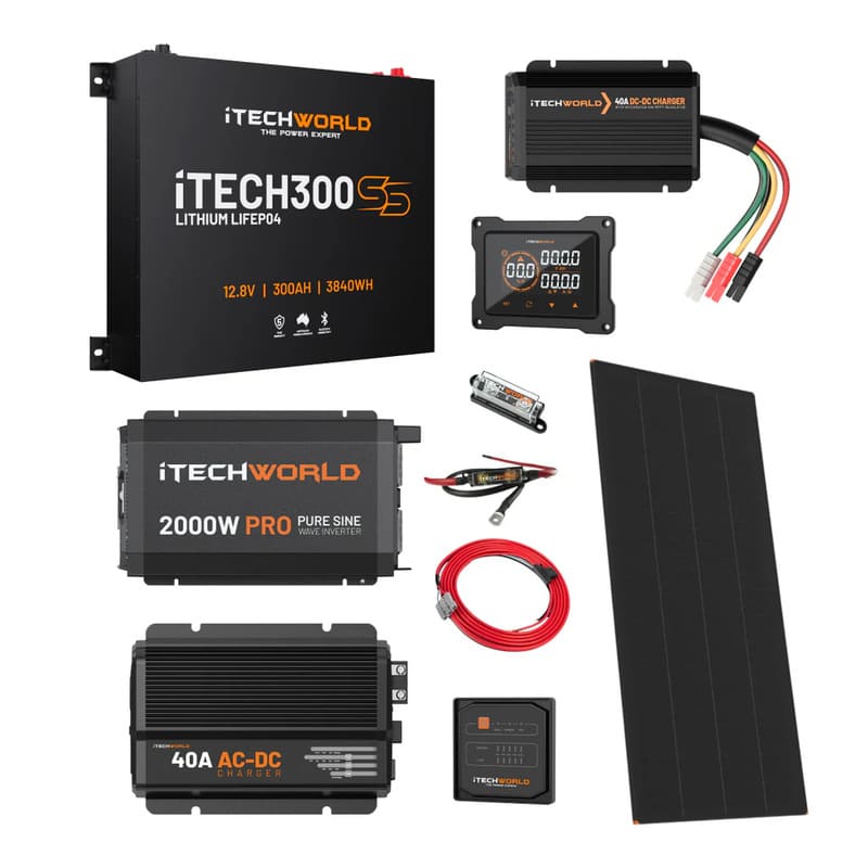 iTechworld Ultimate Super Slimline Canopy Dual Battery Kit 300Ah Lithium - complete battery kit on a white background.
