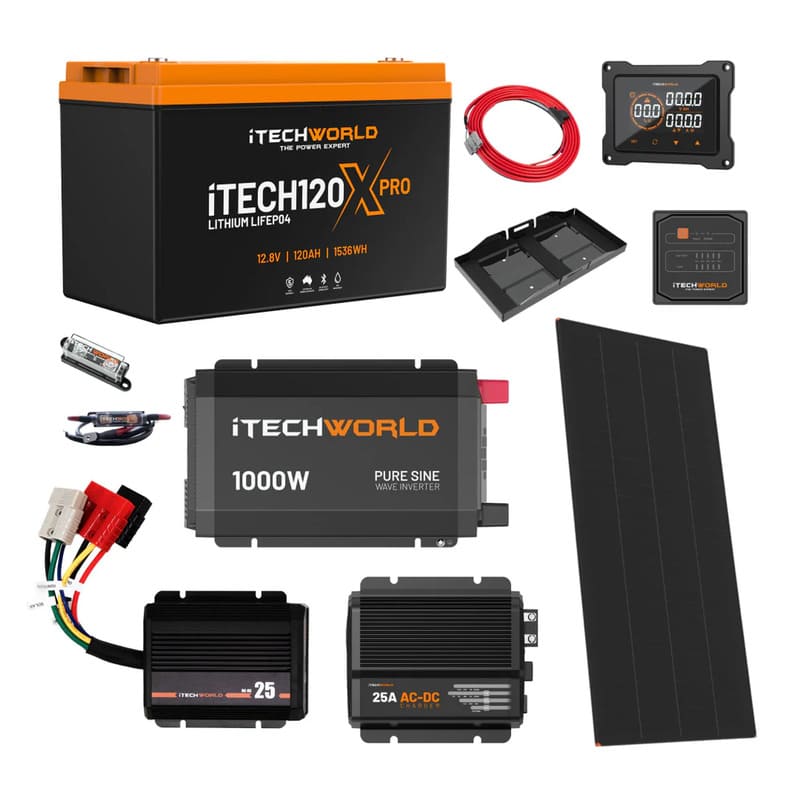 iTechworld Ultimate Ute Dual Battery Kit 120Ah Lithium - battery kit on a white background.