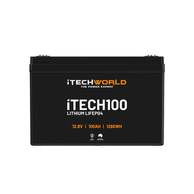 iTechworld iTECH100 Deep Cycle Lithium Battery LiFePO4 100Ah - frontal view of battery on a white background.