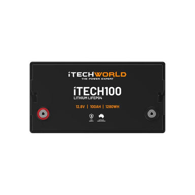 iTechworld iTECH100 Deep Cycle Lithium Battery LiFePO4 100Ah - Top view of battery on  white background.