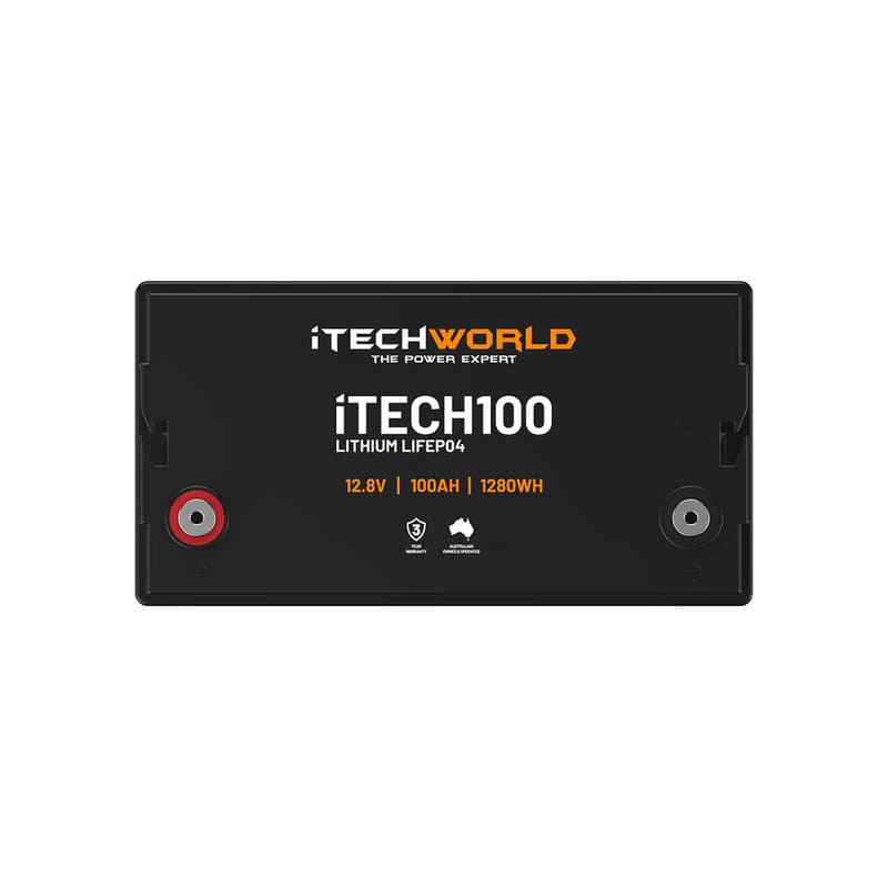 iTechworld iTECH100 Deep Cycle Lithium Battery LiFePO4 100Ah - Top view of battery on  white background.
