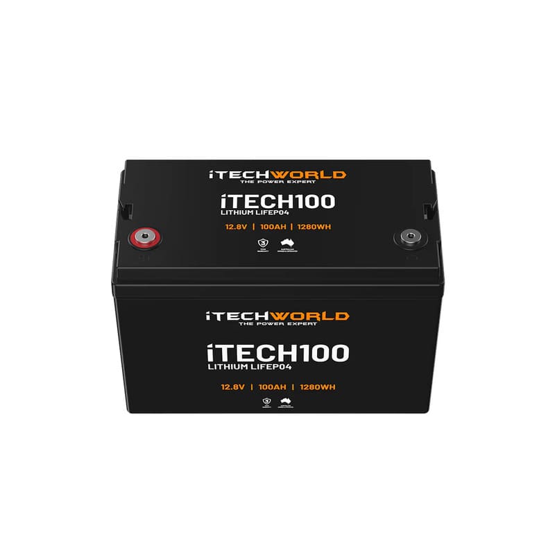 iTechworld iTECH100 Deep Cycle Lithium Battery LiFePO4 100Ah -frontal-Top view battery shown on a white background.