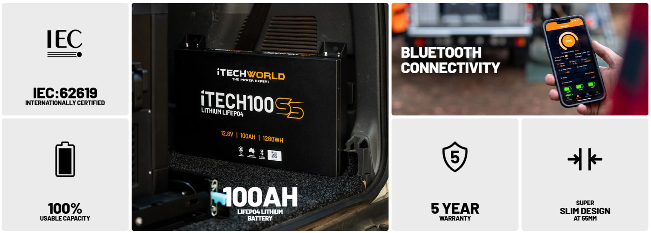 iTechworld iTECH100SS Behind the Seat Kit with Bluetooth - display of battery features.