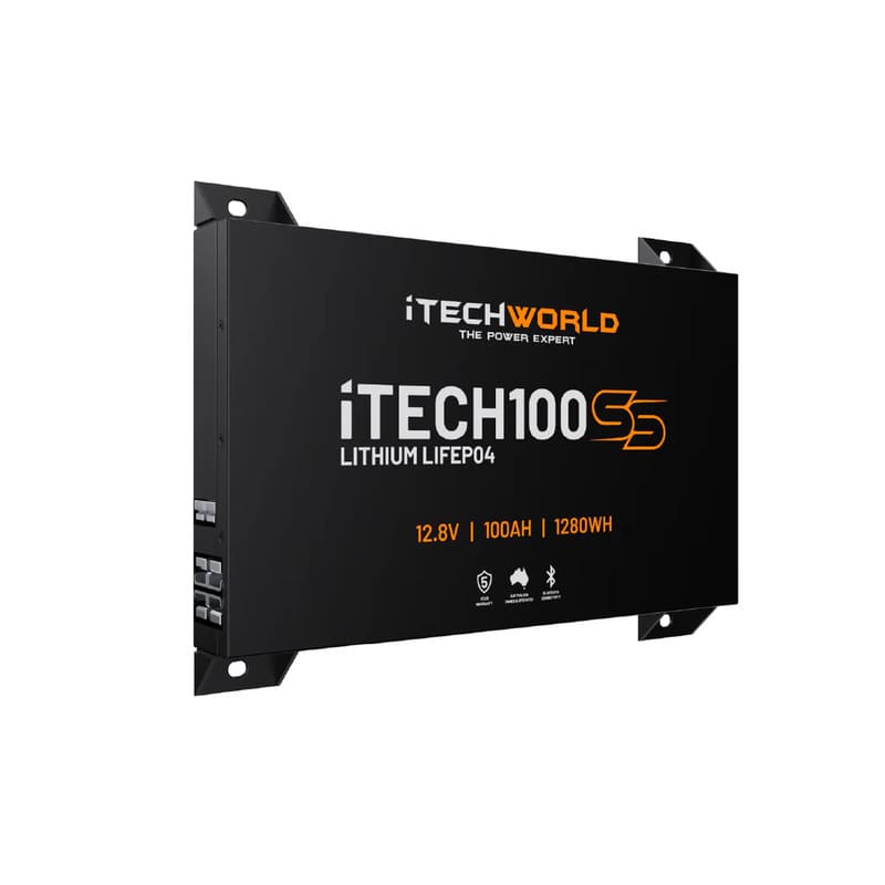 iTechworld iTECH100SS Super Slim Deep Cycle Lithium Battery with Bluetooth LiFePO4 100Ah - sideview of the battery placed on a white background.