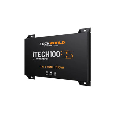 iTechworld iTECH100SS Super Slim Deep Cycle Lithium Battery with Bluetooth LiFePO4 100Ah - sideview of the battery placed on a white background.