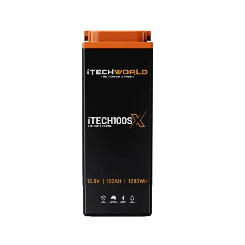 iTechworld iTECH100SX Slim Deep Cycle Lithium Battery with Bluetooth LiFePO4 100Ah - frontal view on a white  background.