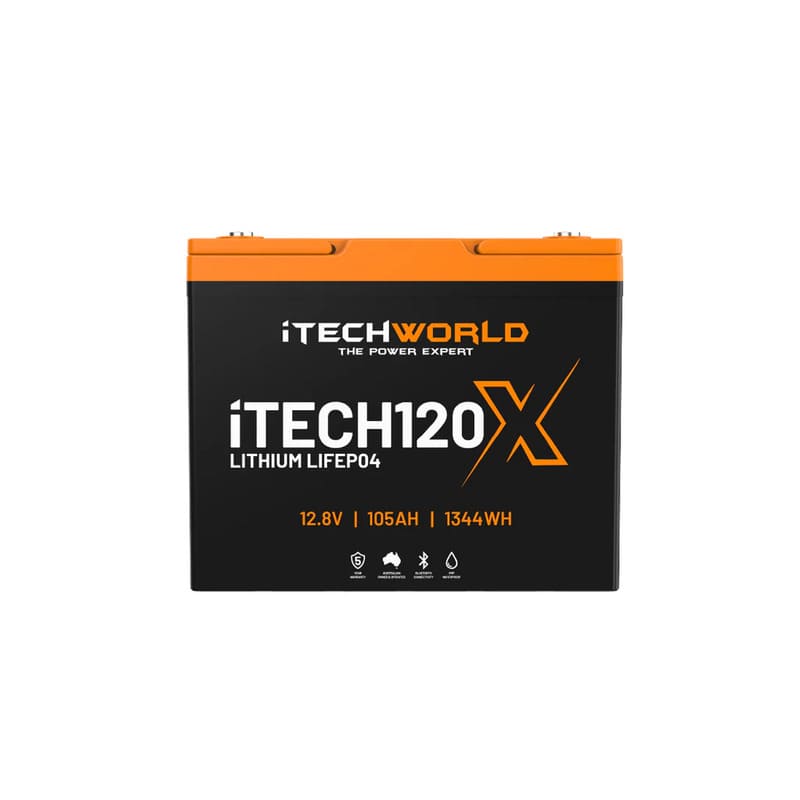iTechworld iTECH120X PRO Deep Cycle Lithium Battery with Bluetooth LiFePO4 105Ah - frontal view of battery on a  white background.