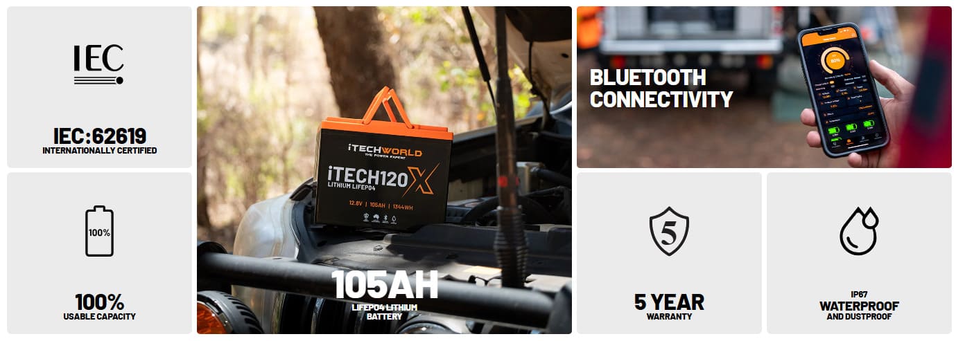 iTechworld iTECH120X PRO Deep Cycle Lithium Battery with Bluetooth LiFePO4 105Ah -  battery features display.