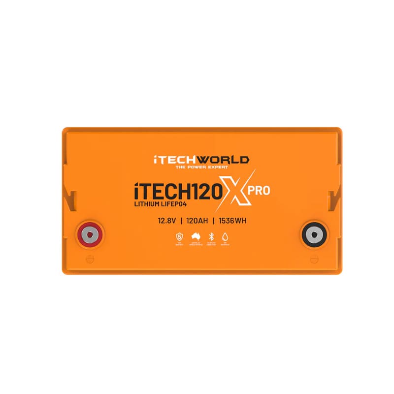 iTechworld iTECH120X PRO Deep Cycle Lithium Battery with Bluetooth LiFePO4 120Ah top view placed on a white background.