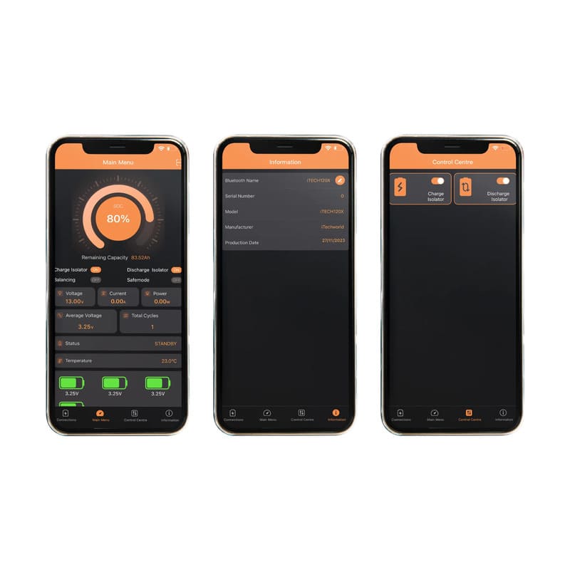 iTechworld iTECH120X PRO Deep Cycle Lithium Battery with Bluetooth LiFePO4 120Ah, smartphone app display.