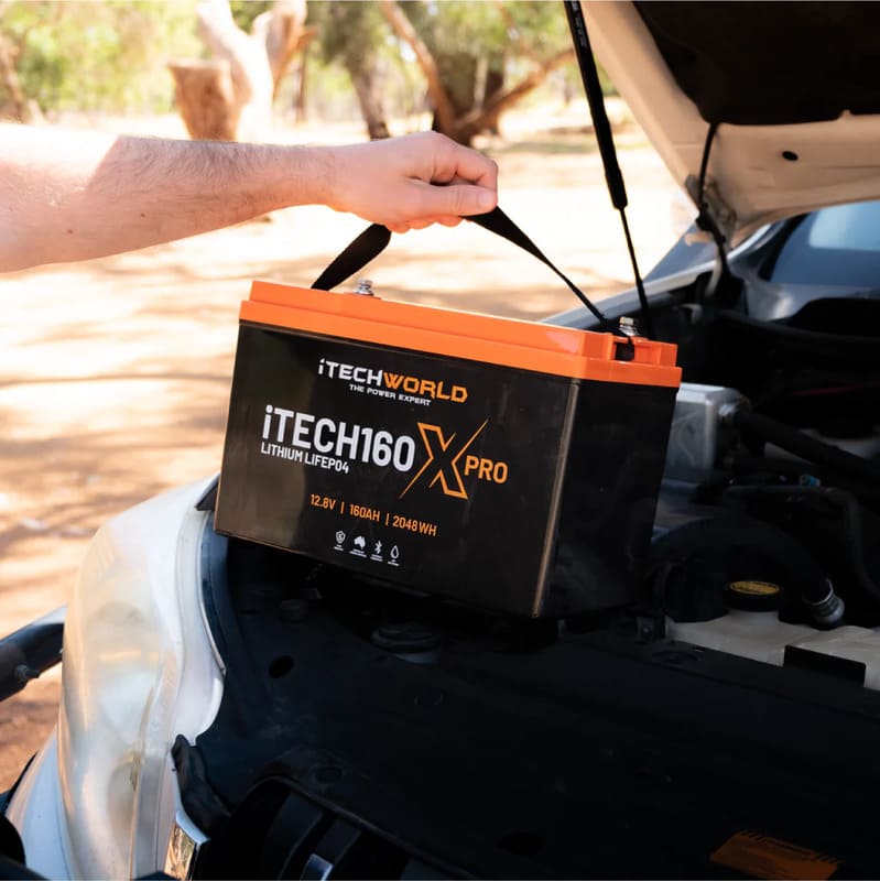 iTechworld iTECH160X PRO Deep Cycle Lithium Battery with Bluetooth LiFePO4 160Ah-under the hood of car with raised hood.