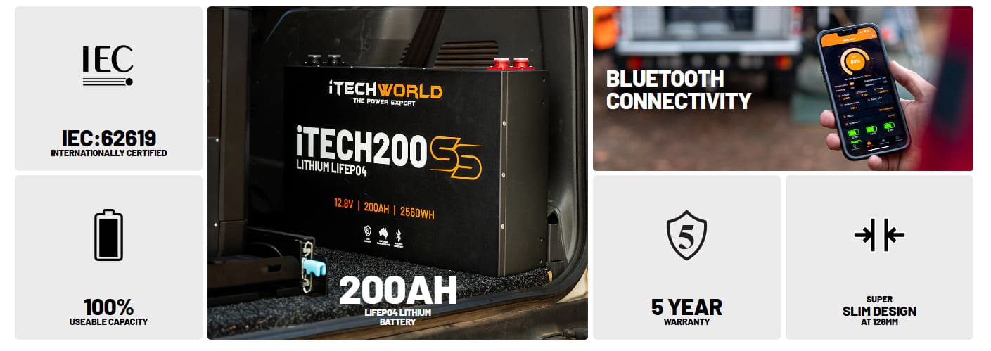 iTechworld iTECH200SS Super Slim Deep Cycle Lithium Battery with Bluetooth LiFePO4 200Ah - display of battery features.