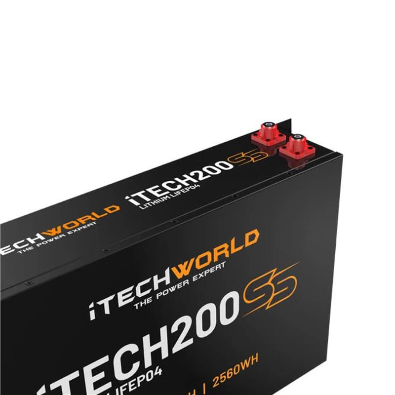 iTechworld iTECH200SS Super Slim Deep Cycle Lithium Battery with Bluetooth LiFePO4 200Ah - angular topview of battery showing terminals on a white background.