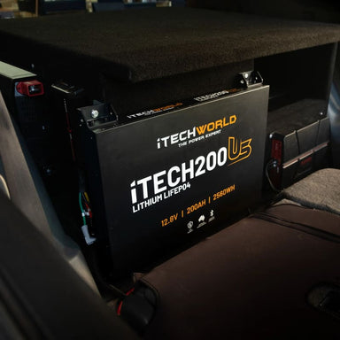 iTechworld iTECH200US Ultra Slim Deep Cycle Lithium Battery with Bluetooth LiFePO4 200Ah - battery attached inside the car.