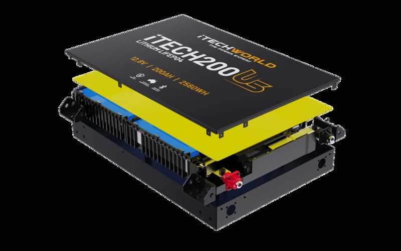 iTechworld iTECH200US Ultra Slim Deep Cycle Lithium Battery with Bluetooth LiFePO4 200Ah - display of components.