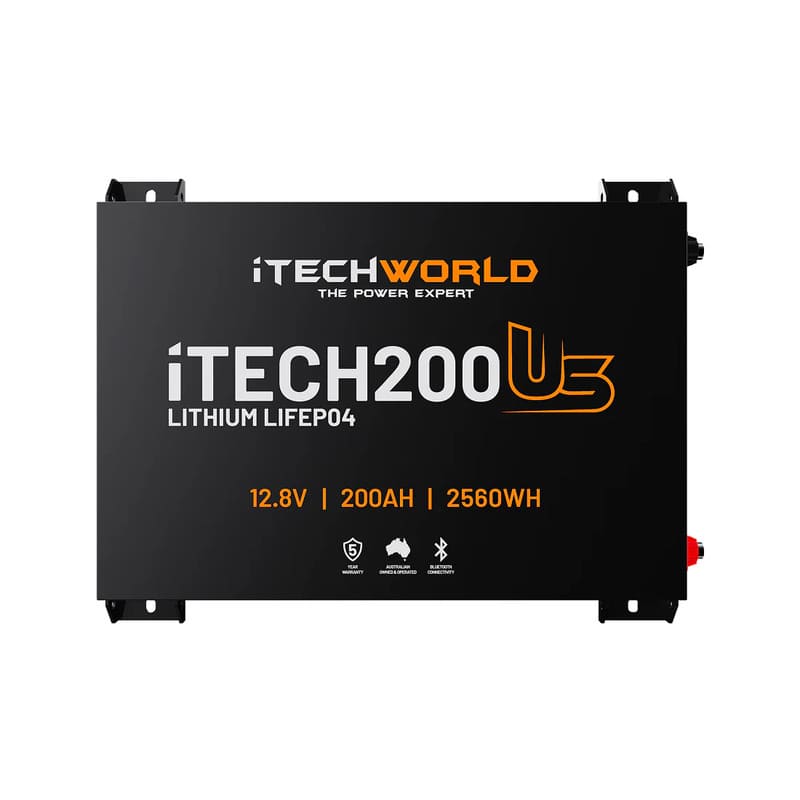 iTechworld iTECH200US Ultra Slim Deep Cycle Lithium Battery with Bluetooth LiFePO4 200Ah - frontal view of battery on a white background.