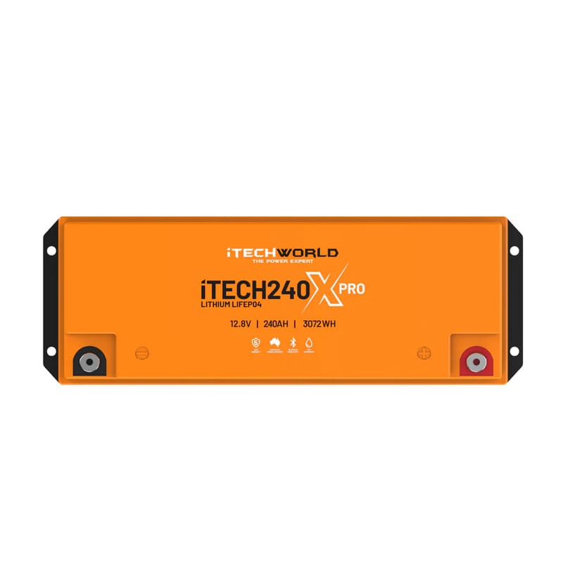 iTechworld iTECH240X PRO Deep Cycle Lithium Battery with Bluetooth LiFePO4 240Ah - top view of battery placed on a white background.