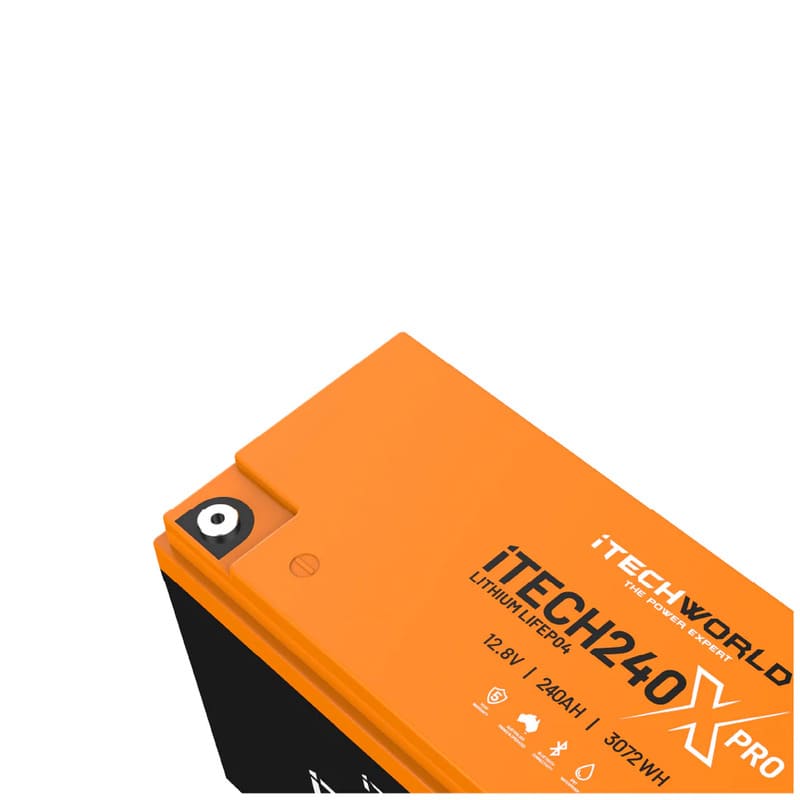 iTechworld iTECH240X PRO Deep Cycle Lithium Battery with Bluetooth LiFePO4 240Ah - top-angular view if battery on a white background.