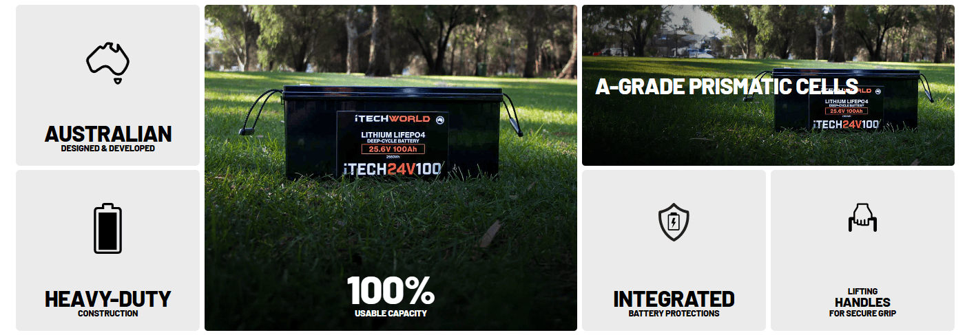 iTechworld iTECH24V100 Deep Cycle Lithium Battery LiFePO4 24V 100Ah - display of the features of the battery.