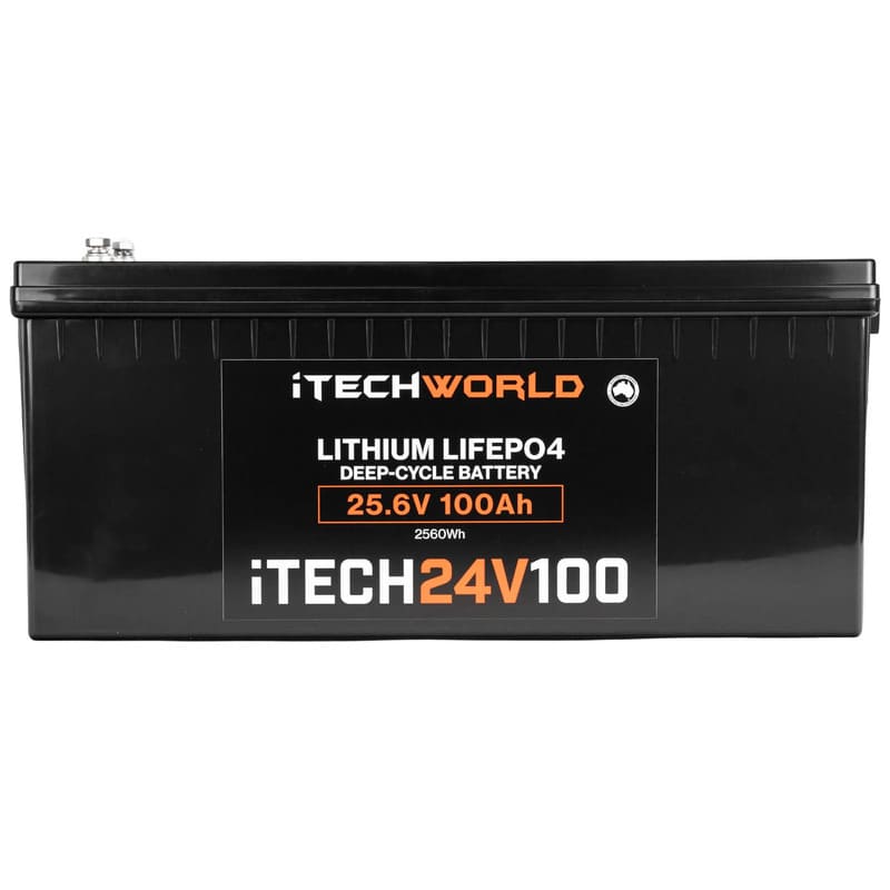 iTechworld iTECH24V100 Deep Cycle Lithium Battery LiFePO4 24V 100Ah - Frontal view of the battery shown on a white background.
