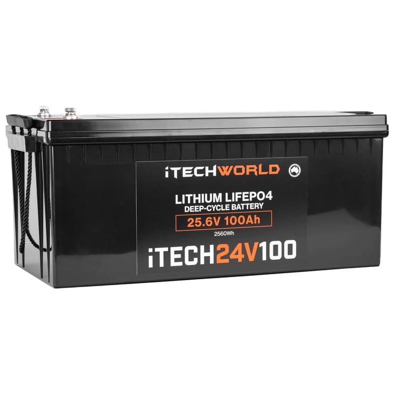 iTechworld iTECH24V100 Deep Cycle Lithium Battery LiFePO4 24V 100Ah - angular view of battery on a white background.