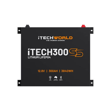 iTechworld iTECH300SS Super Slim Deep Cycle Lithium Battery with Bluetooth LiFePO4 300Ah - frontal view of Battery with image on a white background.