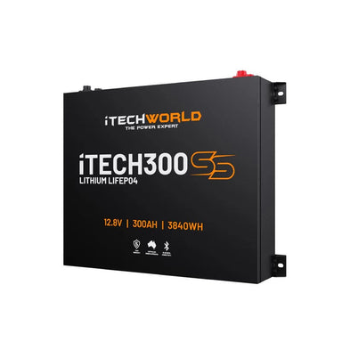 iTechworld iTECH300SS Super Slim Deep Cycle Lithium Battery with Bluetooth LiFePO4 300Ah - sideview of battery on a white back ground.