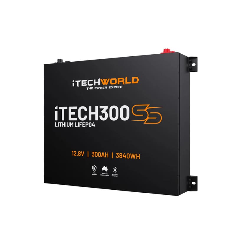 iTechworld iTECH300SS Super Slim Deep Cycle Lithium Battery with Bluetooth LiFePO4 300Ah - sideview of battery on a white back ground.