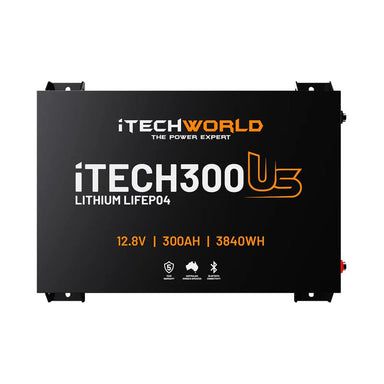 iTechworld iTECH300US Ultra Slim Deep Cycle Lithium Battery with Bluetooth LiFePO4 300Ah - frontal view of battery placed on a white background.
