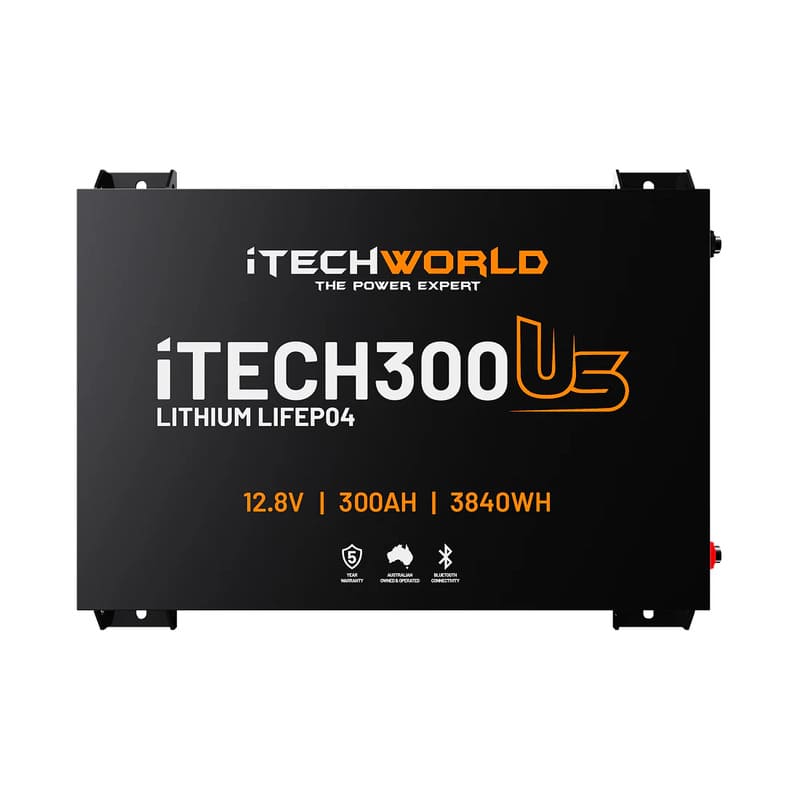 iTechworld iTECH300US Ultra Slim Deep Cycle Lithium Battery with Bluetooth LiFePO4 300Ah - frontal view of battery placed on a white background.