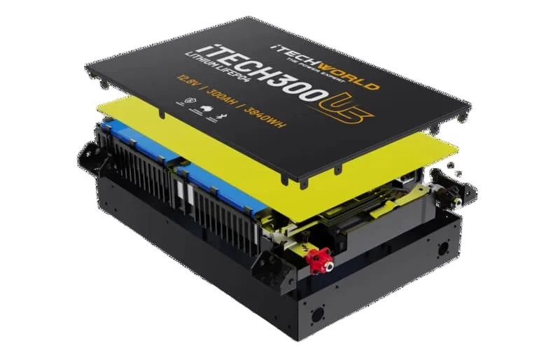 iTechworld iTECH300US Ultra Slim Deep Cycle Lithium Battery with Bluetooth LiFePO4 300Ah - dismantled battery shown on a white background. 