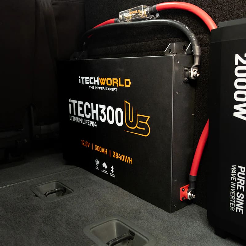 iTechworld iTECH300US Ultra Slim Deep Cycle Lithium Battery with Bluetooth LiFePO4 300Ah - image shows battery plugged .