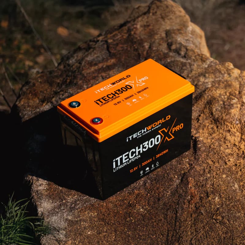 iTechworld iTECH300X PRO Deep Cycle Lithium Battery with Bluetooth LiFePO4 300Ah - placed on a rock.