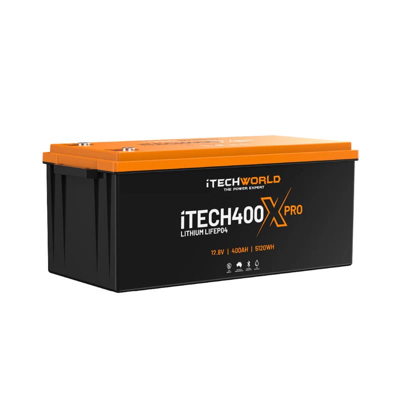 iTechworld iTECH400X PRO Deep Cycle Lithium Battery with Bluetooth LiFePO4 400Ah - angular view of battery on a white background.