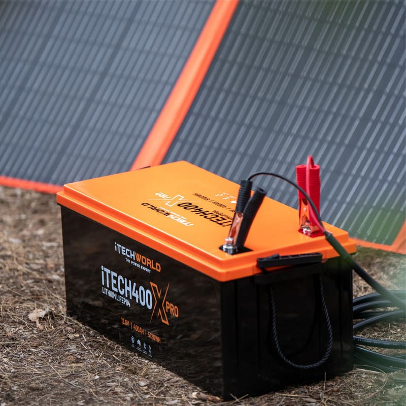 iTechworld iTECH400X PRO Deep Cycle Lithium Battery with Bluetooth LiFePO4 400Ah - battery attached to solar blanket in background.