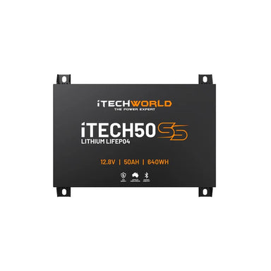 iTechworld iTECH50SS Super Slim Deep Cycle Lithium Battery with Bluetooth LiFePO4 50Ah - frontal view of battery