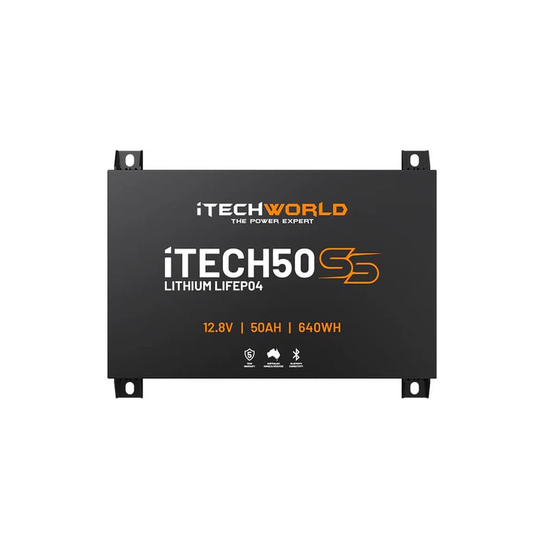 iTechworld iTECH50SS Super Slim Deep Cycle Lithium Battery with Bluetooth LiFePO4 50Ah - frontal view of battery