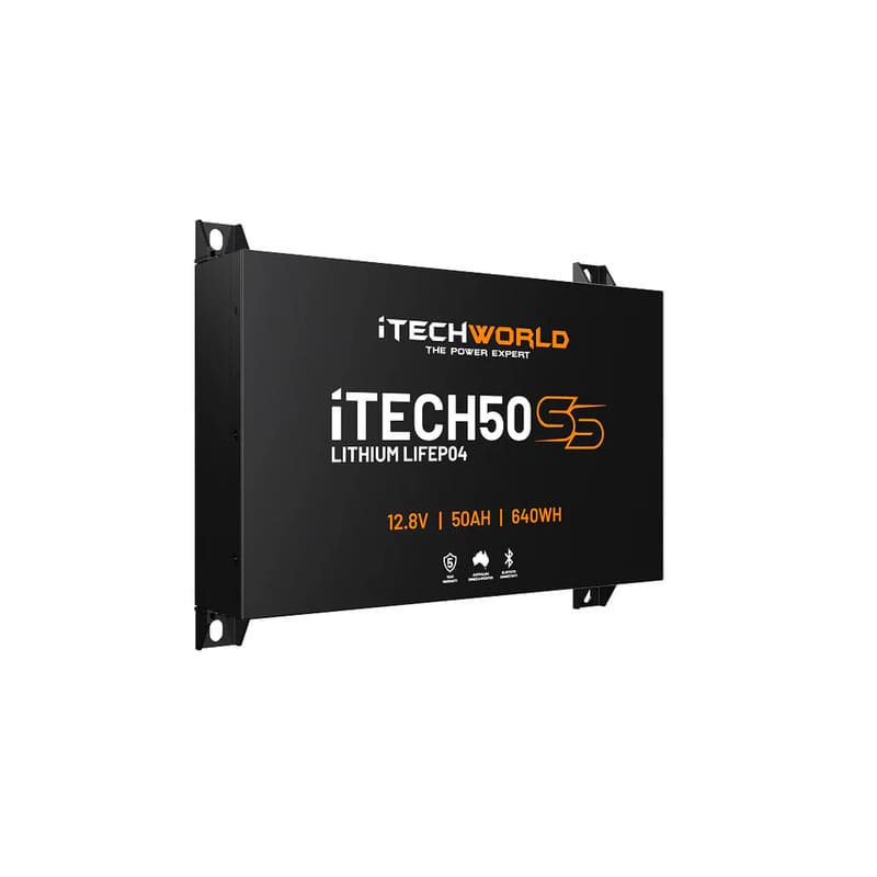 iTechworld iTECH50SS Super Slim Deep Cycle Lithium Battery with Bluetooth LiFePO4 50Ah - left side view of battery shown on a white background. 